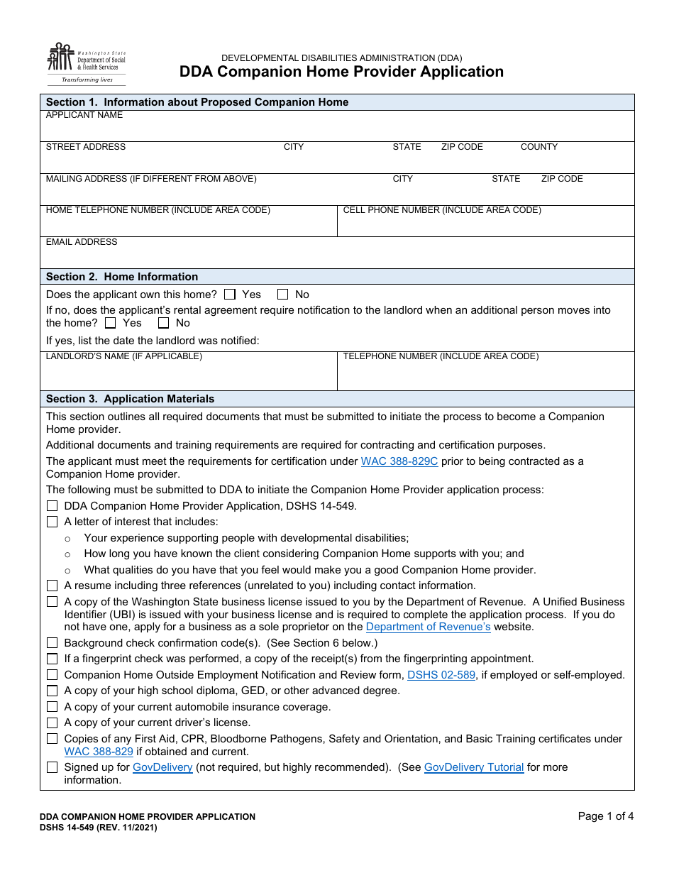 DSHS Form 14-549 Dda Companion Home Provider Application - Washington, Page 1