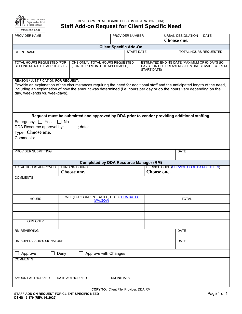DSHS Form 15-379 Staff Add-On Request for Client Specific Need - Washington, Page 1