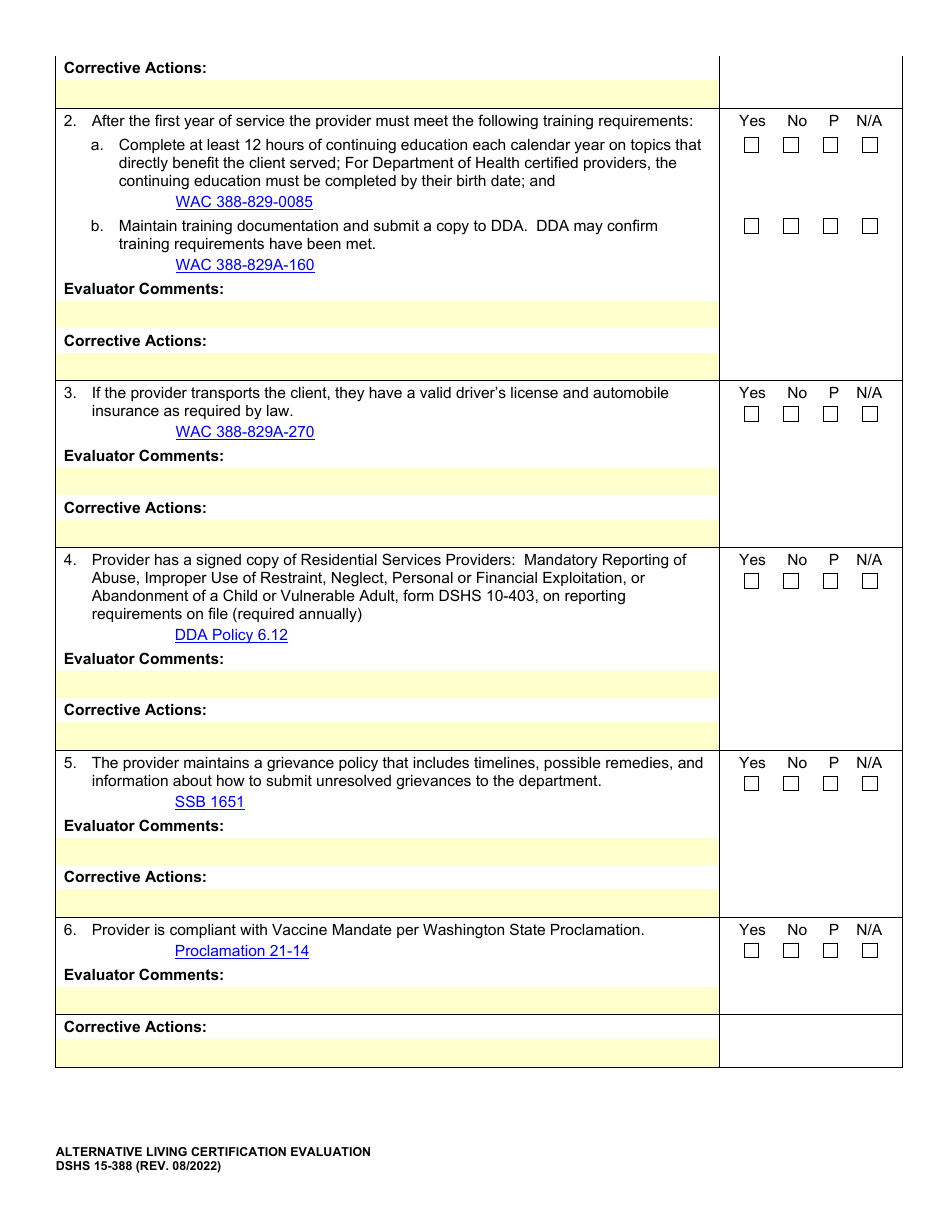 DSHS Form 15-388 Alternative Living Certification Evaluation - Washington, Page 3