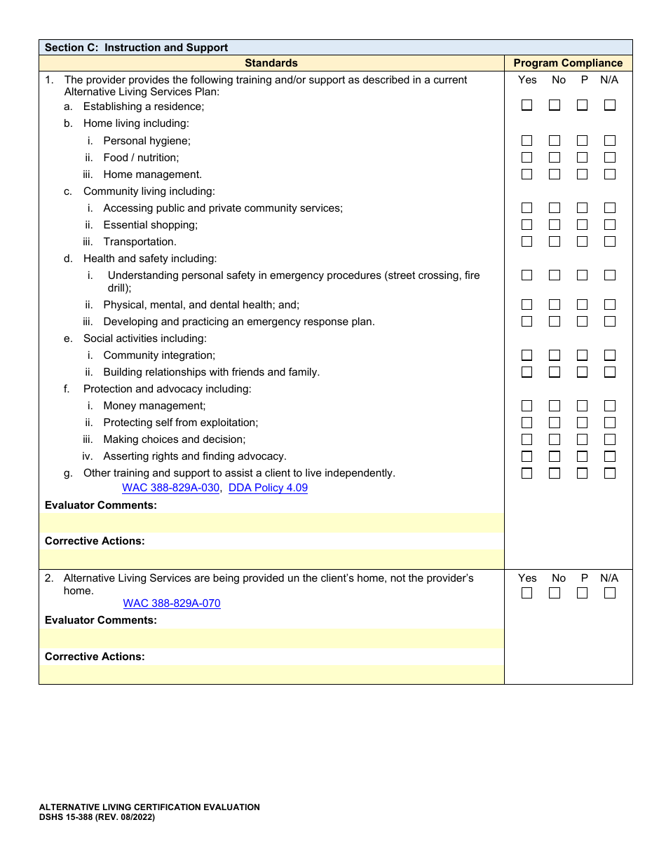 DSHS Form 15-388 Alternative Living Certification Evaluation - Washington, Page 4