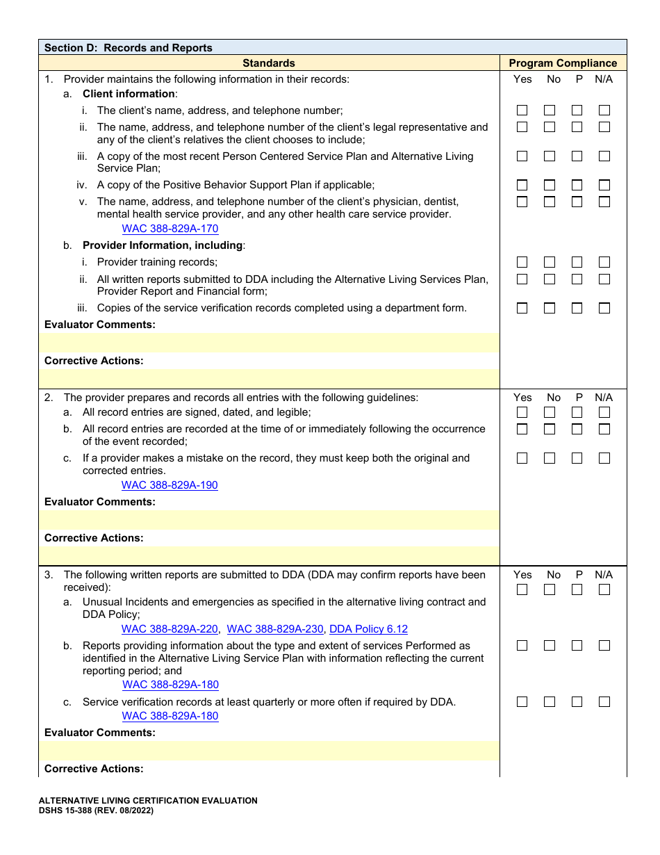 DSHS Form 15-388 Alternative Living Certification Evaluation - Washington, Page 5