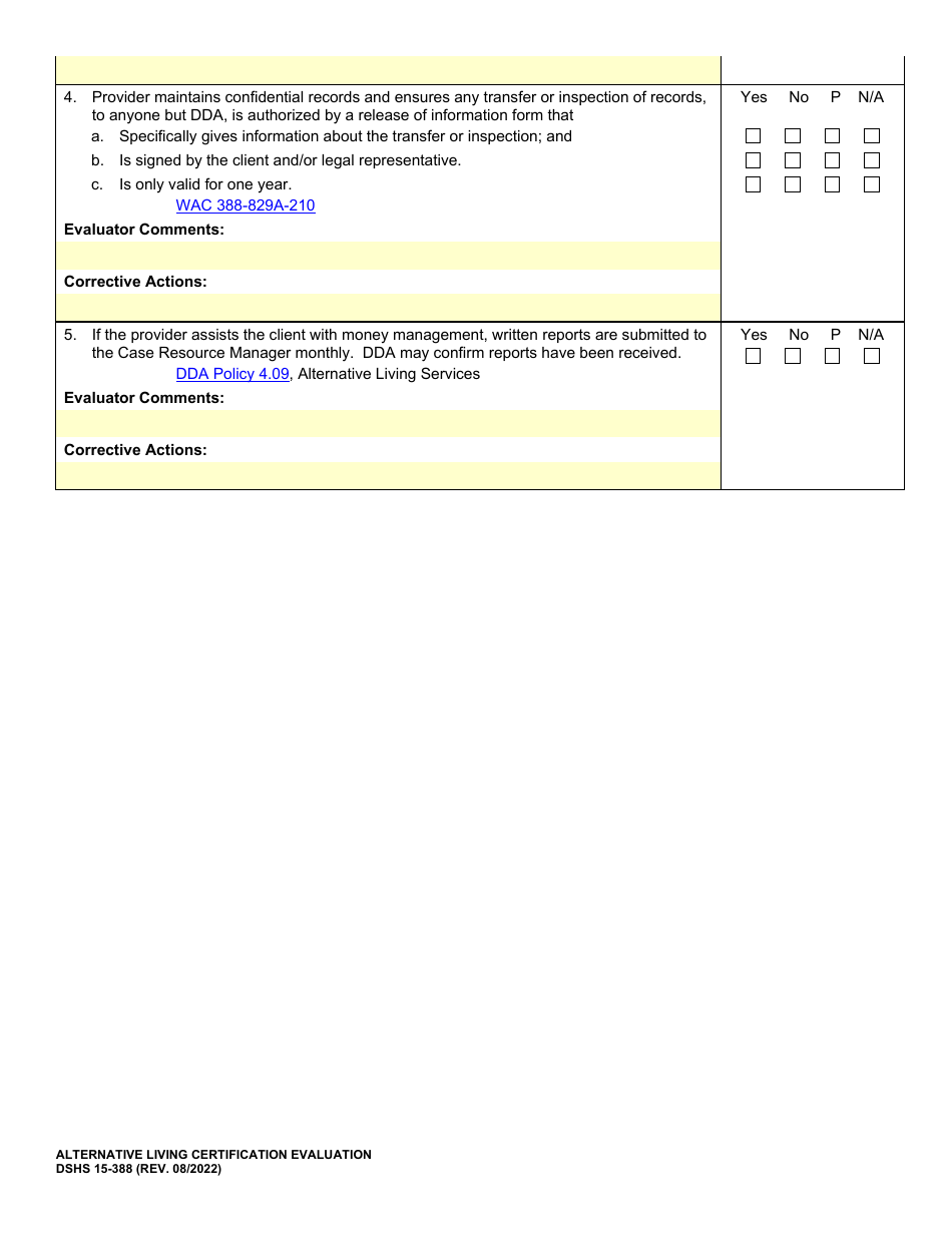 DSHS Form 15-388 Alternative Living Certification Evaluation - Washington, Page 6