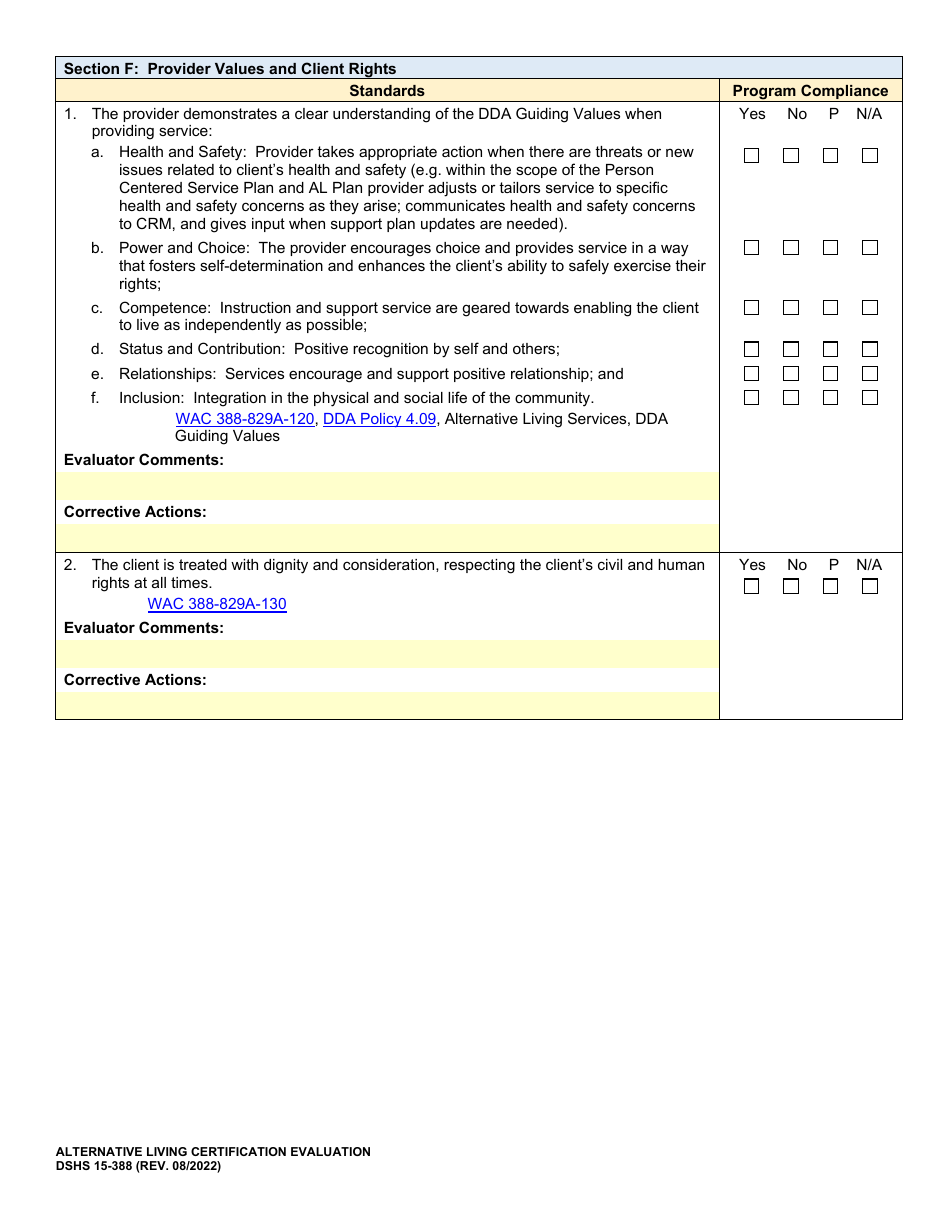 DSHS Form 15-388 Alternative Living Certification Evaluation - Washington, Page 8
