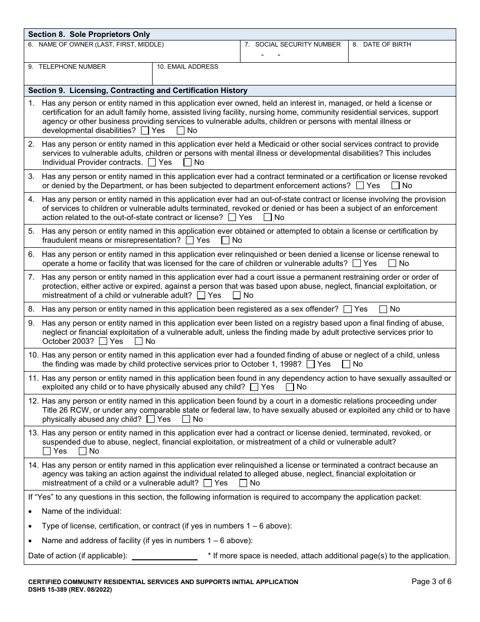 DSHS Form 15-389 Certified Community Residential Services and Supports (Ccrss) Initial Application - Washington, Page 3