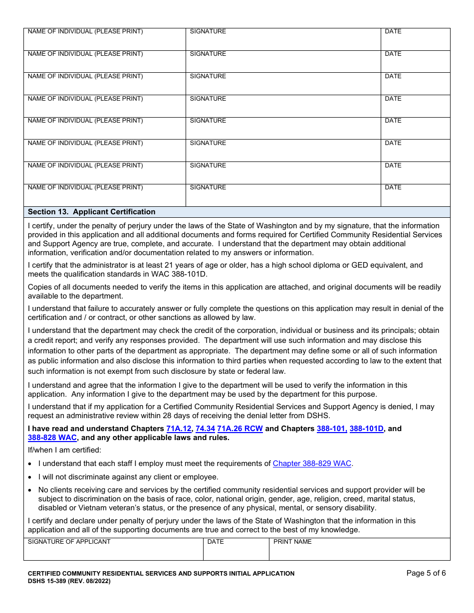 DSHS Form 15-389 Certified Community Residential Services and Supports (Ccrss) Initial Application - Washington, Page 5