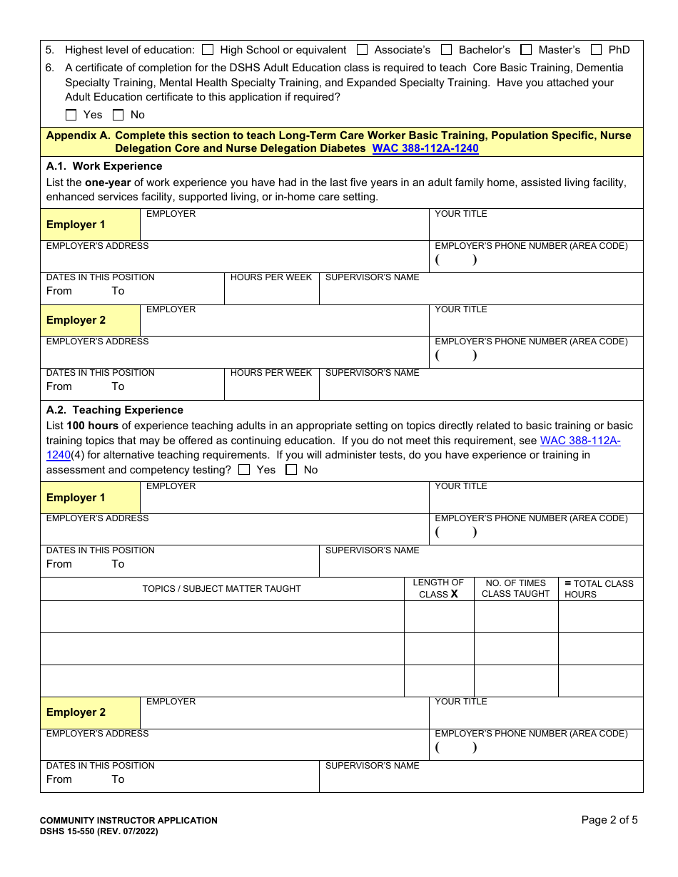 DSHS Form 15-550 Community Instructor Application - Washington, Page 2
