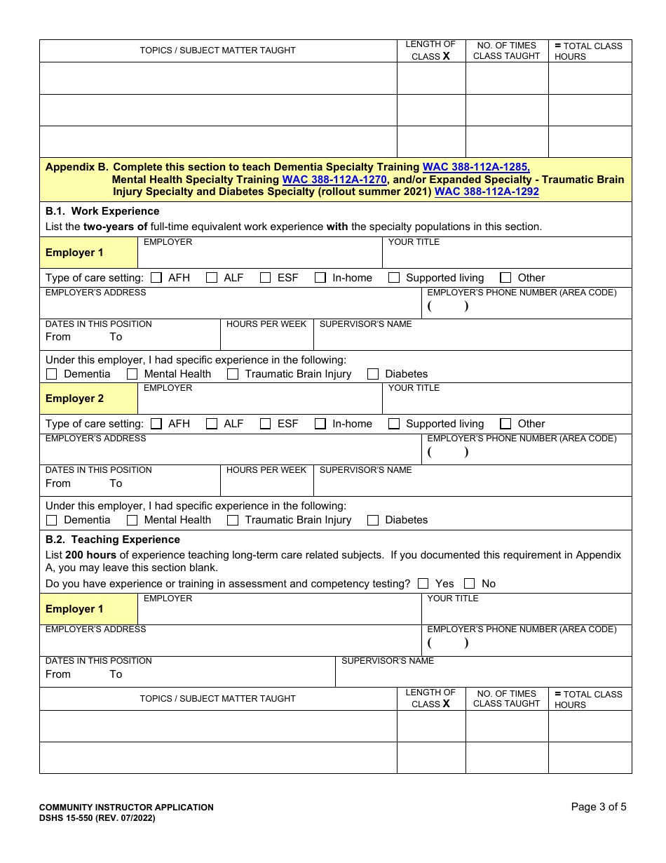 DSHS Form 15-550 Community Instructor Application - Washington, Page 3