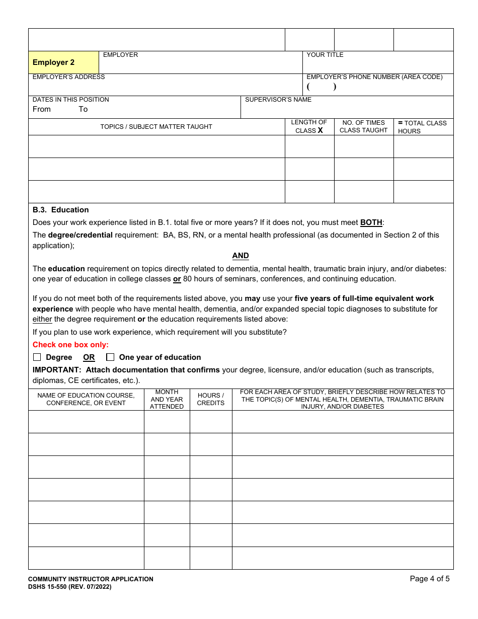 DSHS Form 15-550 Community Instructor Application - Washington, Page 4