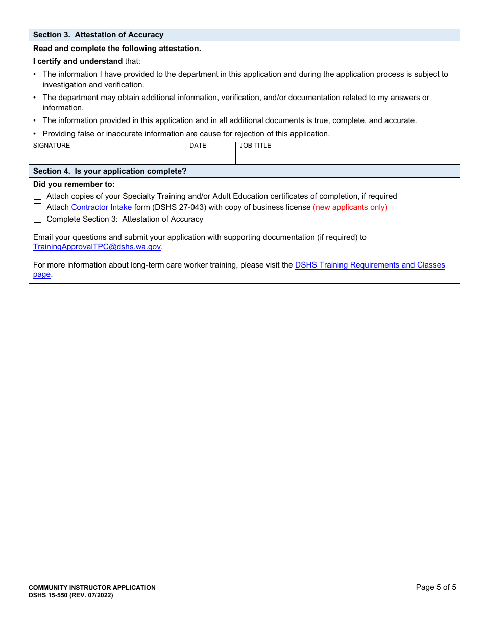 DSHS Form 15-550 Community Instructor Application - Washington, Page 5