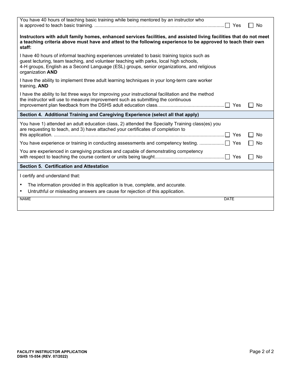DSHS Form 15-554 Facility Instructor Application for Adult Family Homes, Assisted Living Facilities, and Enhanced Services Facilities - Washington, Page 2