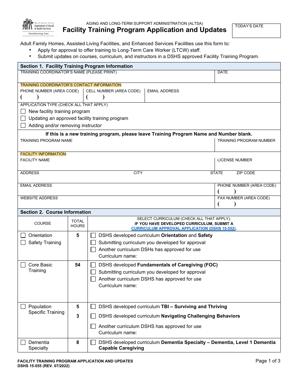 DSHS Form 15-555 Facility Training Program Application and Updates - Washington, Page 1