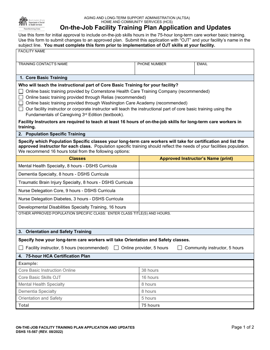 DSHS Form 15-567 On-The-Job Facility Training Plan Application and Updates - Washington, Page 1
