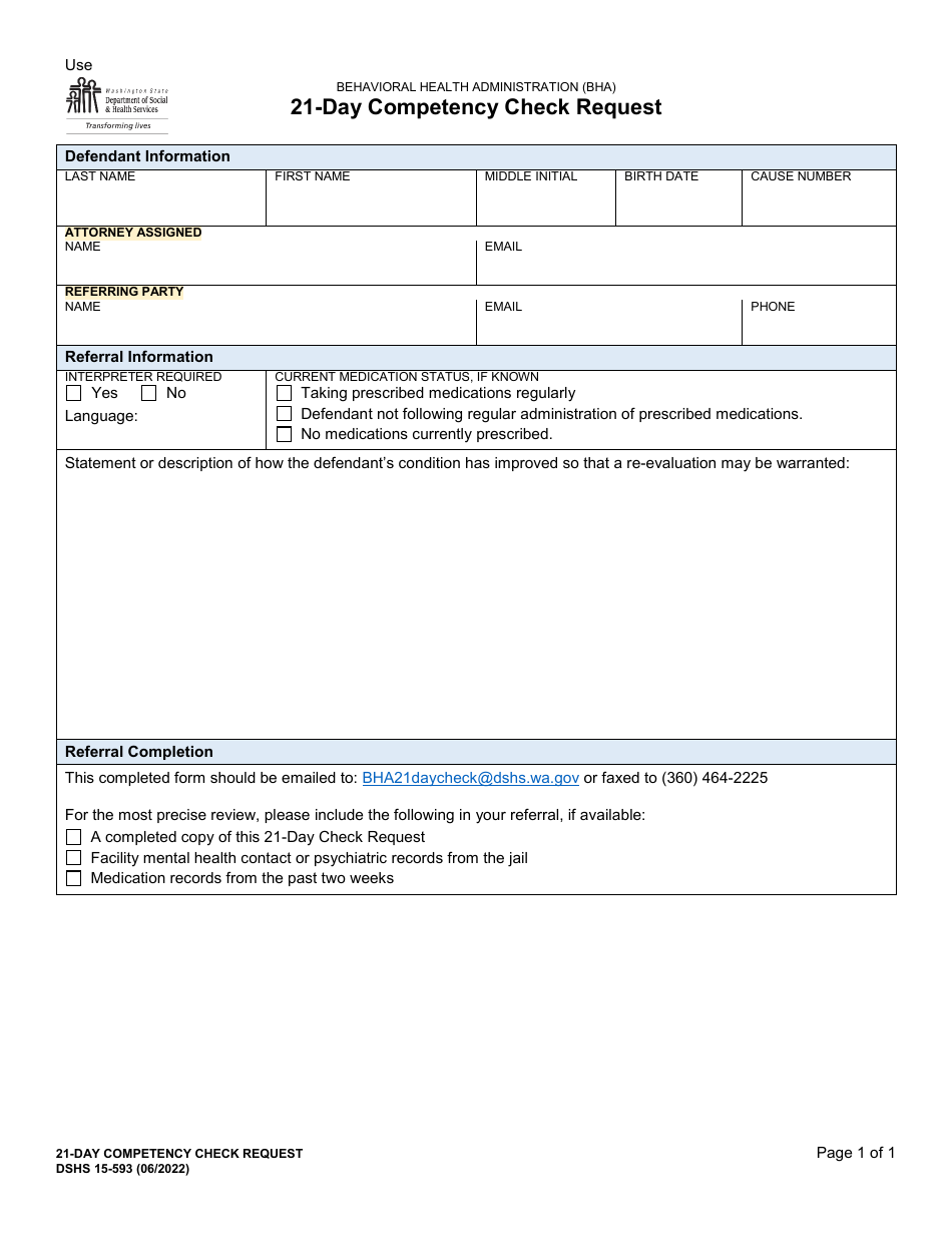 DSHS Form 15-593 21-day Competency Check Request - Washington, Page 1