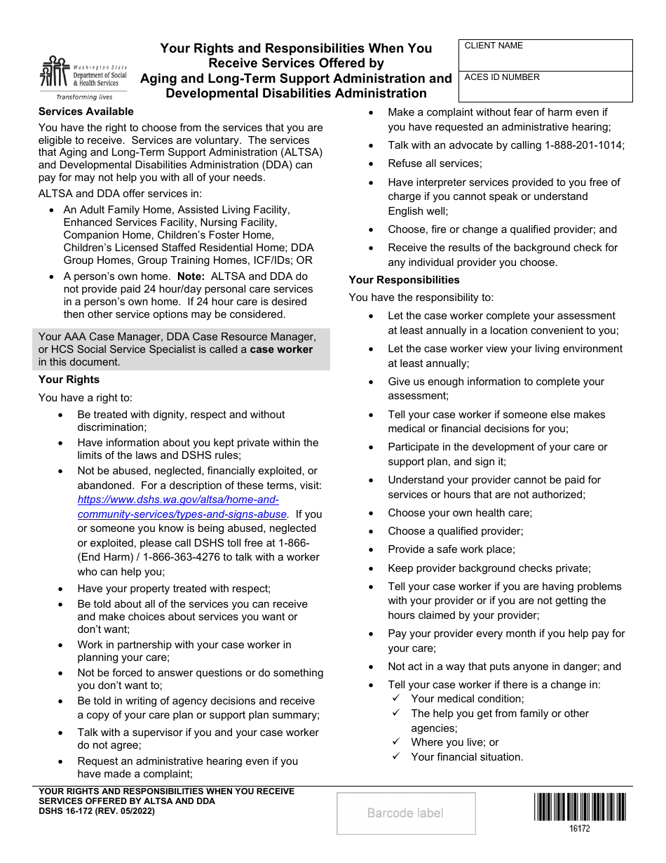 DSHS Form 16-172 Your Rights and Responsibilities When You Receive Services Offered by Aging and Disability Services Administration and Developmental Disabilities Administration - Washington, Page 1