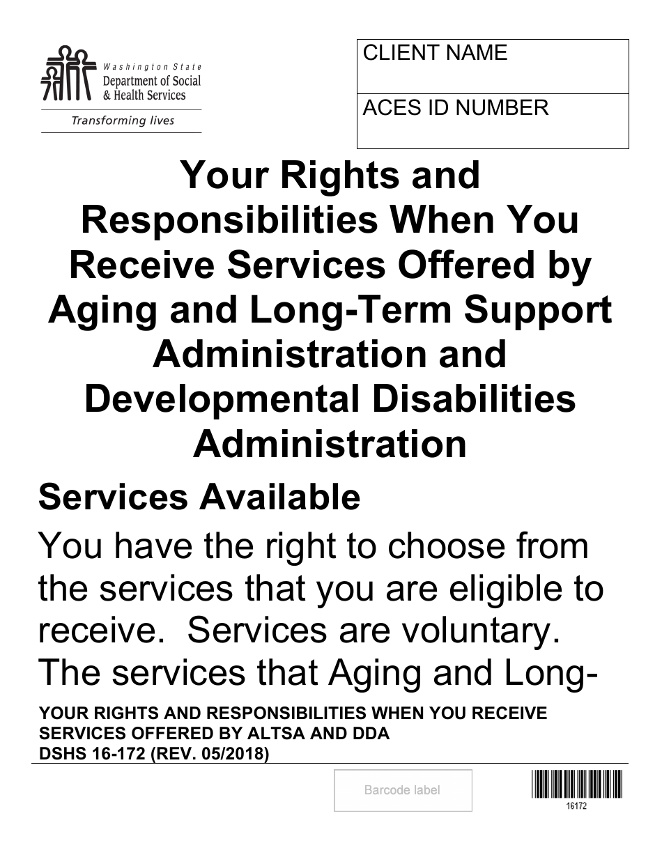 DSHS Form 16-172 Your Rights and Responsibilities When You Receive Services Offered by Aging and Disability Services Administration and Developmental Disabilities Administration (Large Print) - Washington, Page 1