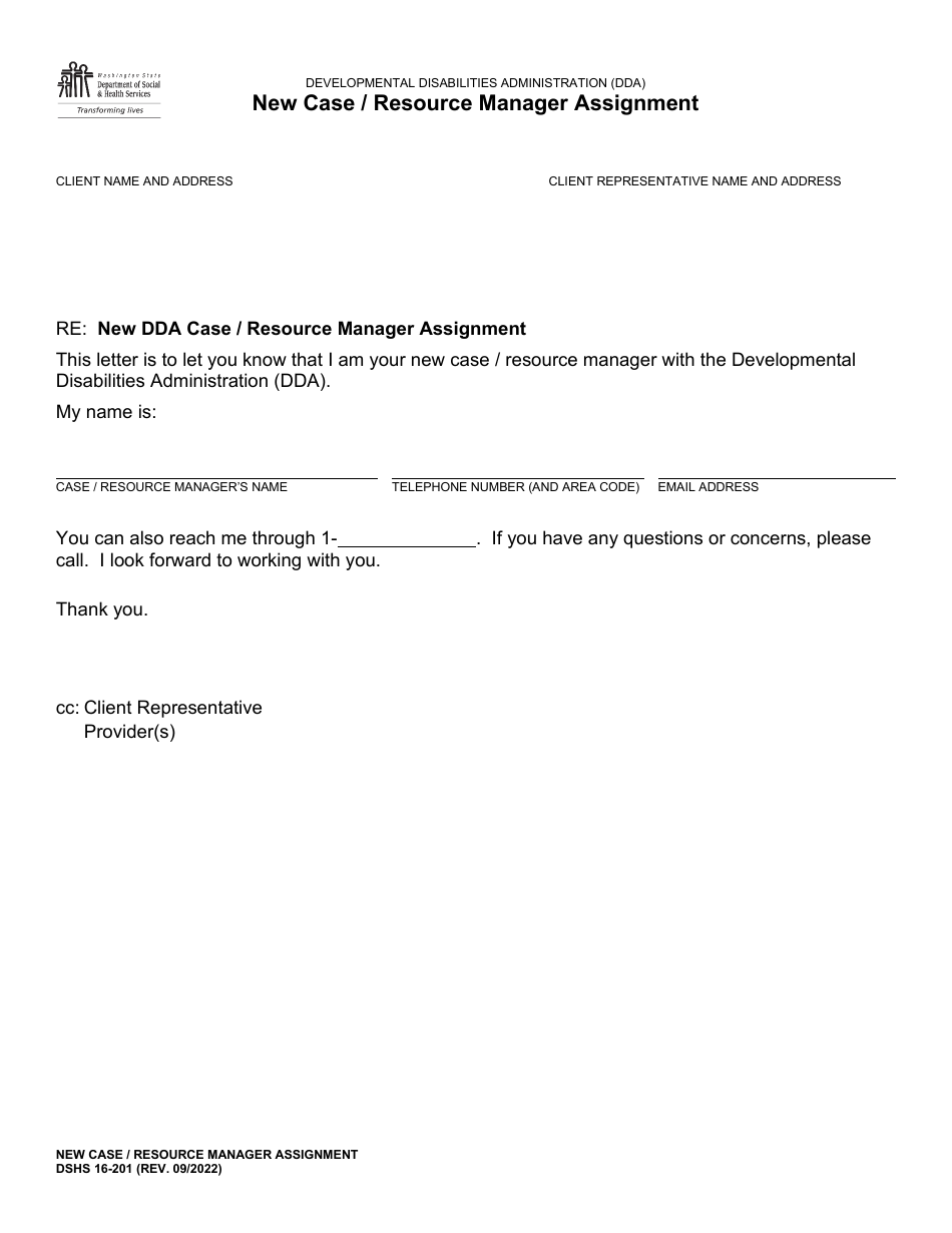 DSHS Form 16-201 New Case / Resource Manager Assignment - Washington, Page 1