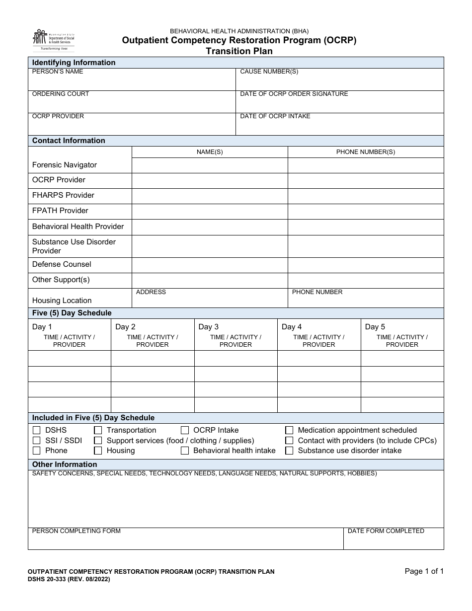 DSHS Form 20-333 Download Printable PDF or Fill Online Transition Plan ...