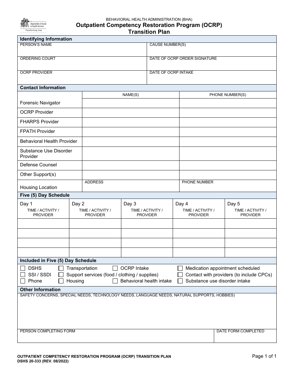 DSHS Form 20-333 Transition Plan - Outpatient Competency Restoration Program (Ocrp) - Washington, Page 1