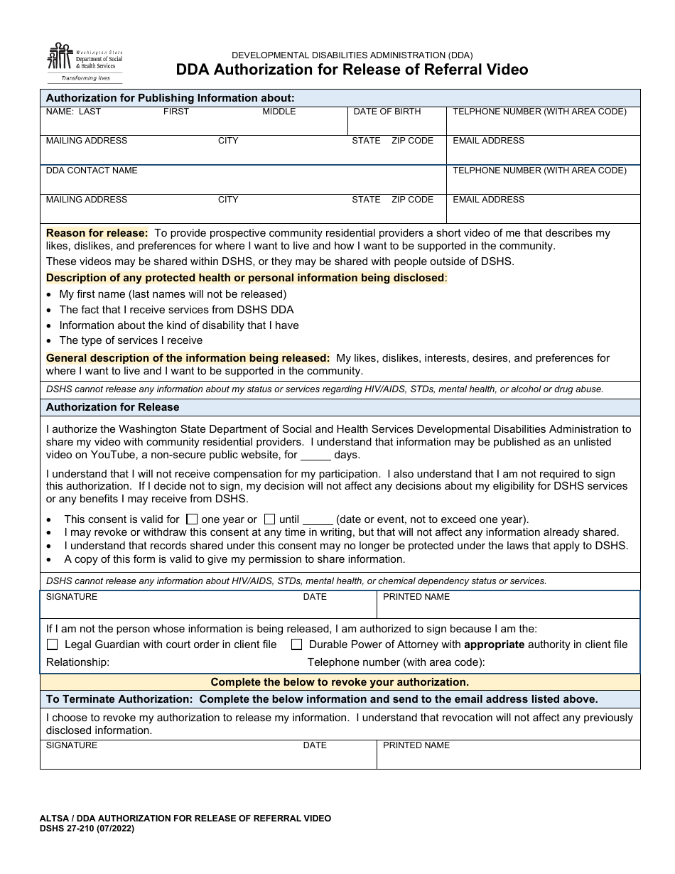 DSHS Form 27-210 Dda Authorization for Release of Referral Video - Washington, Page 1