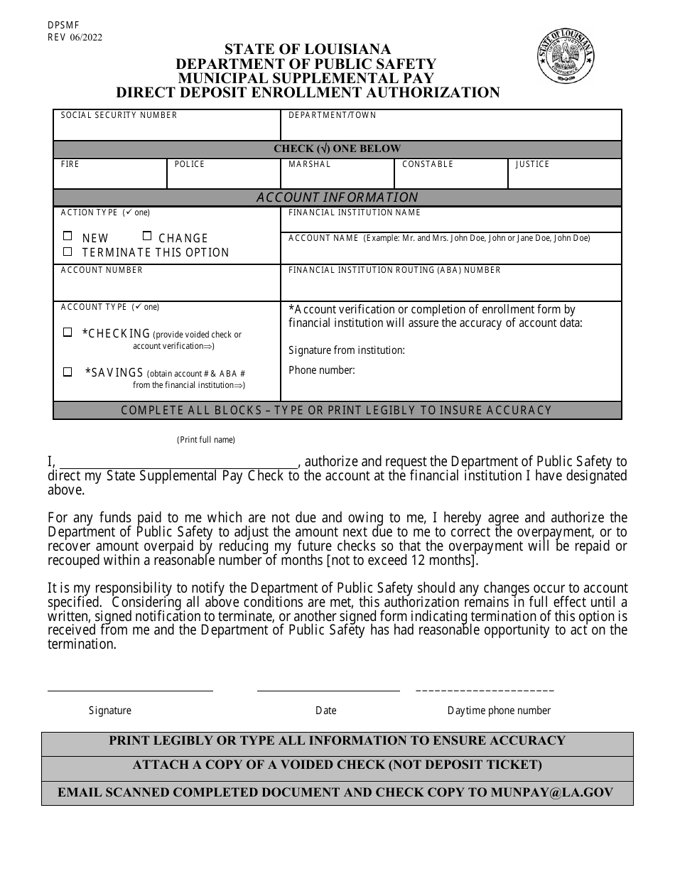 Form DPSMF Direct Deposit Enrollment Authorization - Louisiana, Page 1