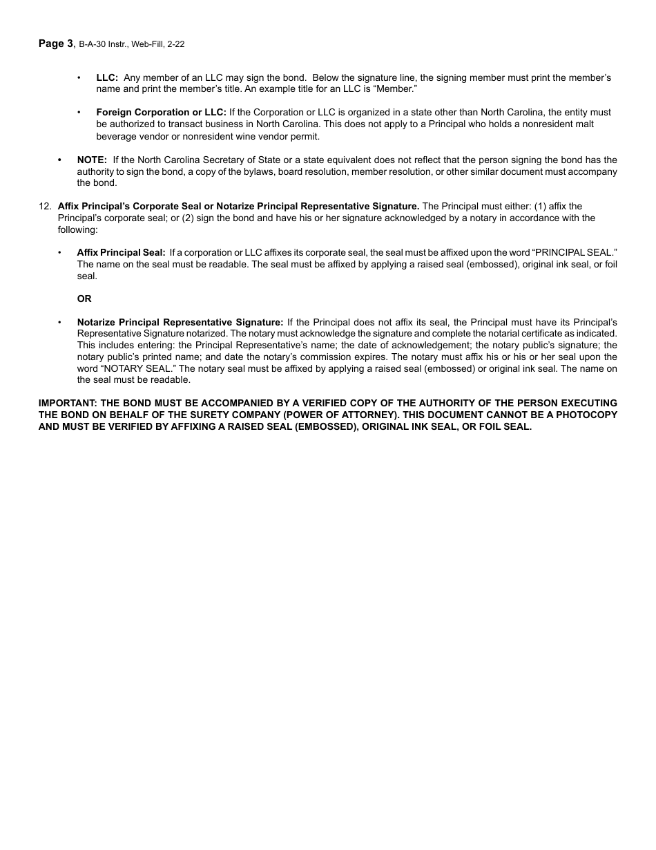 Form B-A-30 Tobacco Products Cigarettes Surety Bond - North Carolina, Page 3