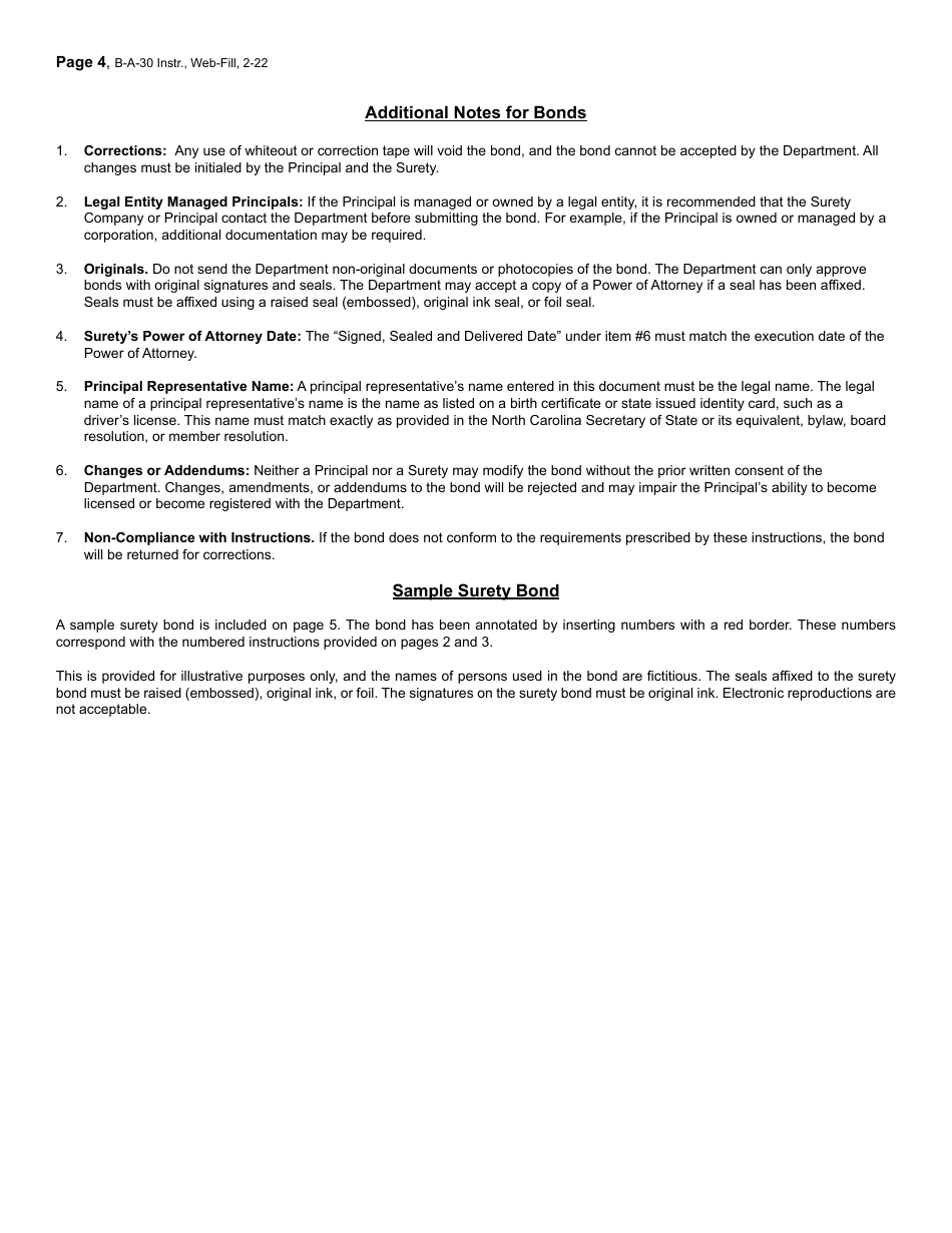 Form B-A-30 Tobacco Products Cigarettes Surety Bond - North Carolina, Page 4