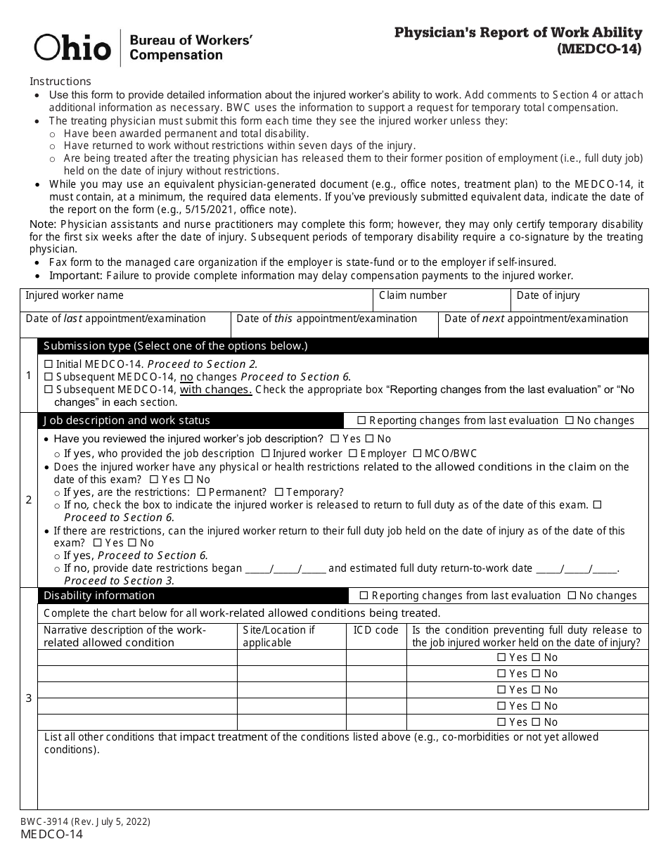 Form MEDCO-14 (BWC-3914) Physicians Report of Work Ability - Ohio, Page 1