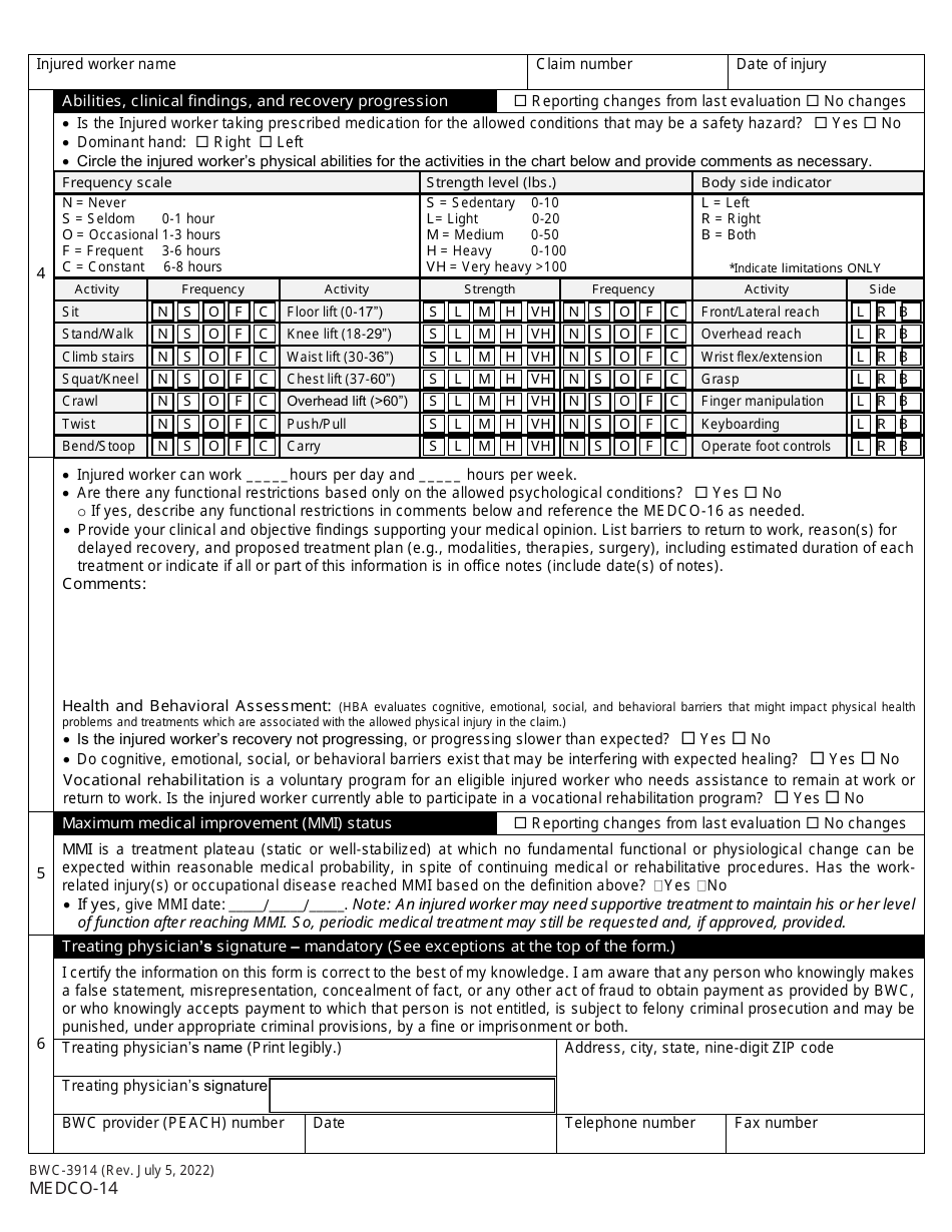 Form MEDCO-14 (BWC-3914) Physicians Report of Work Ability - Ohio, Page 2
