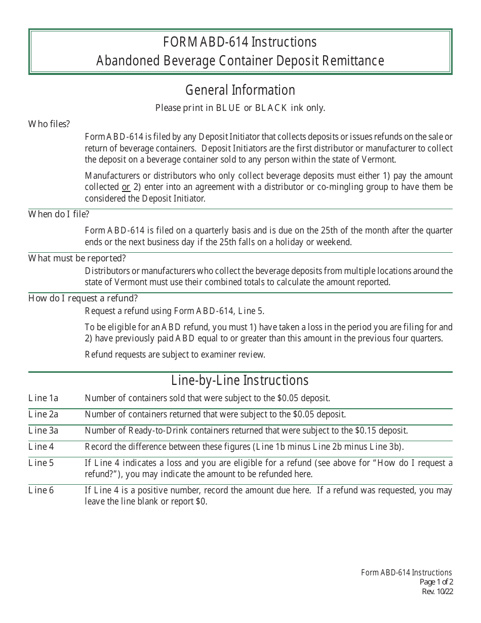 Instructions for Form ABD-614 Abandoned Beverage Container Deposit Remittance - Vermont, Page 1