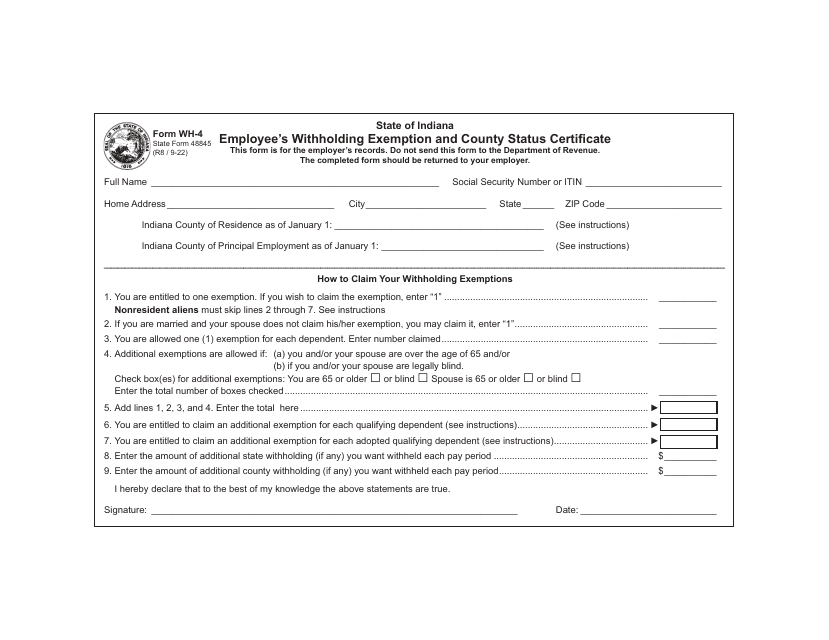 Form WH-4 (State Form 48845)  Printable Pdf