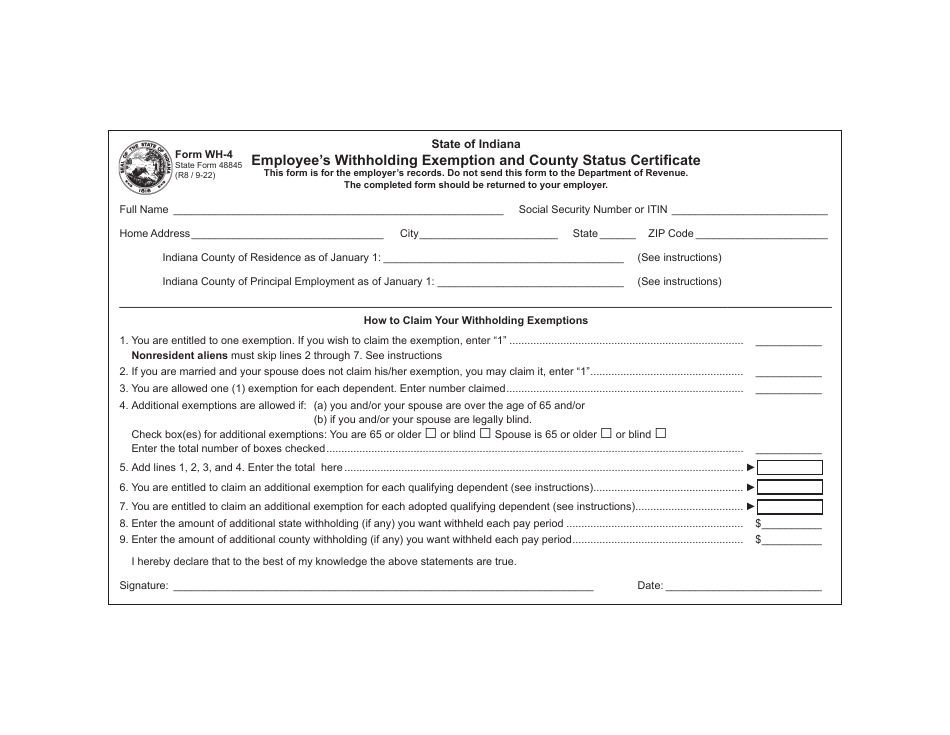 Form WH-4 (State Form 48845) Employees Withholding Exemption and County Status Certificate - Indiana, Page 1
