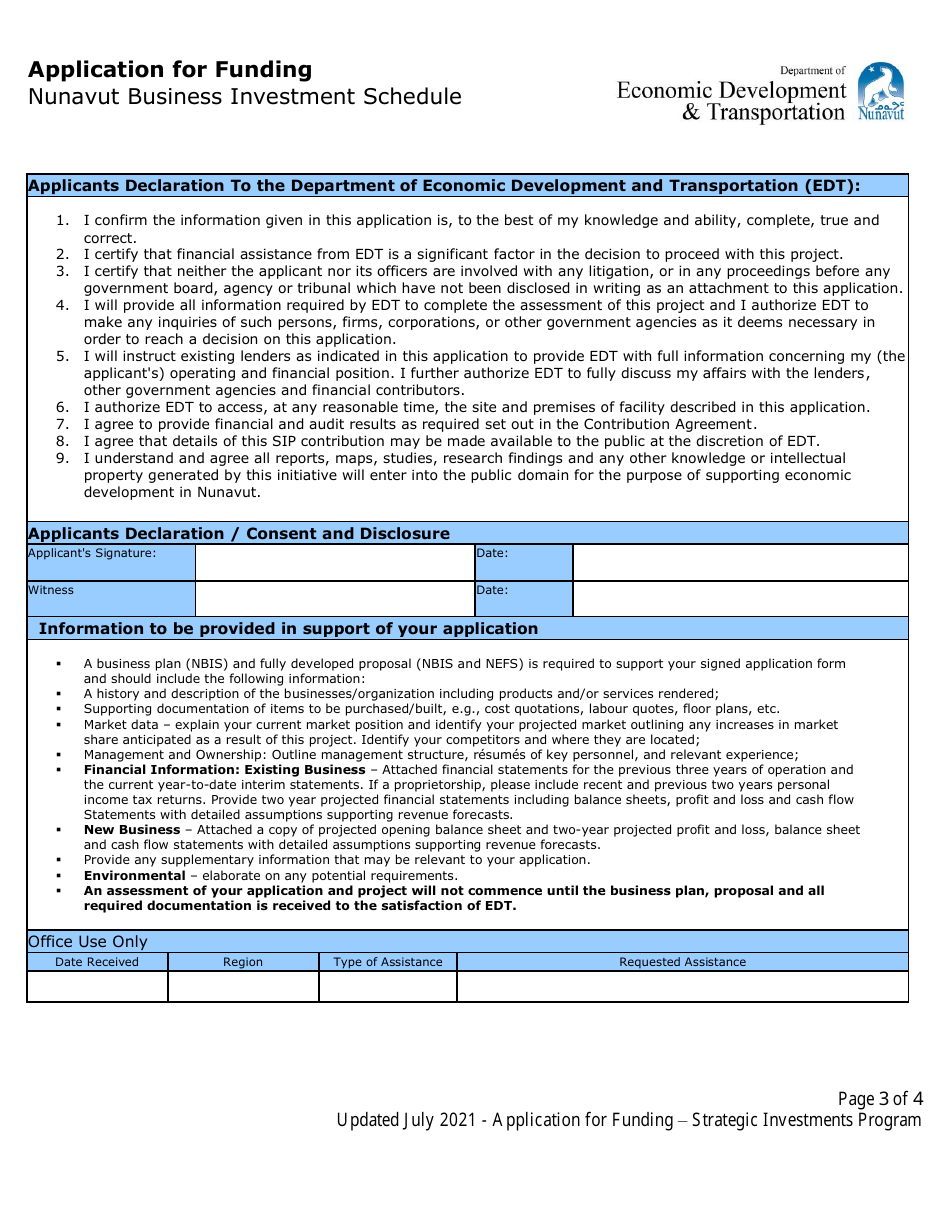 Application for Funding - Nunavut Business Investment Schedule - Nunavut, Canada, Page 3