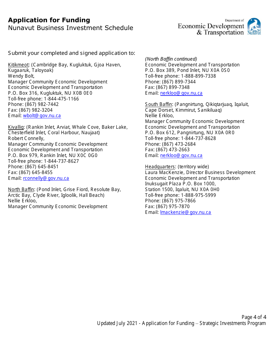Application for Funding - Nunavut Business Investment Schedule - Nunavut, Canada, Page 4
