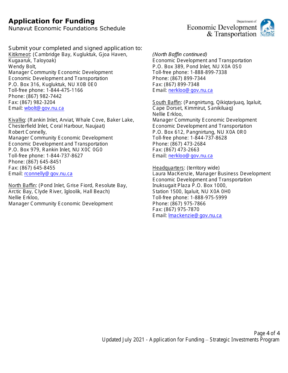 Application for Funding - Nunavut Economic Foundations Schedule - Nunavut, Canada, Page 4