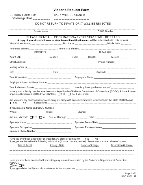 Form OP-030118B Visitor's Request Form - Oklahoma