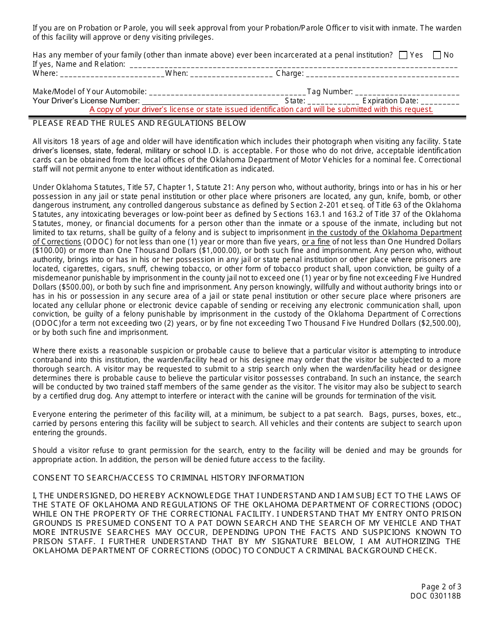 Form OP-030118B Visitors Request Form - Oklahoma, Page 2