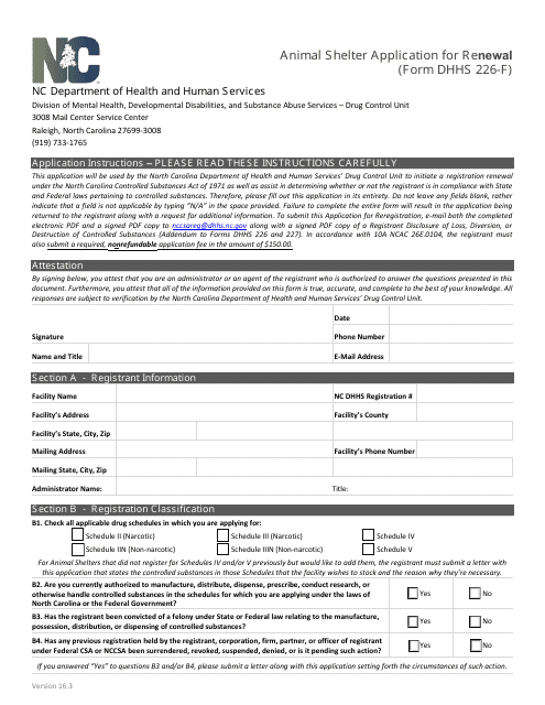 Form DHHS226-F Animal Shelter Application for Renewal - North Carolina