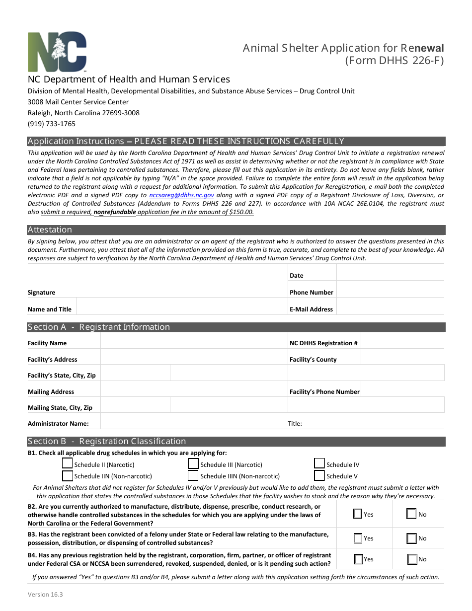 Form DHHS226-F Animal Shelter Application for Renewal - North Carolina, Page 1