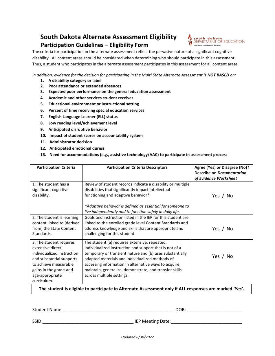 South Dakota Alternate Assessment Eligibility Participation Guidelines - Eligibility Form - South Dakota, Page 1