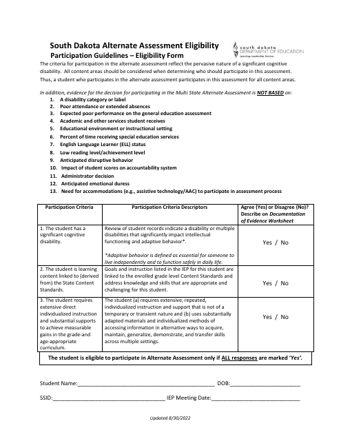 South Dakota Alternate Assessment Eligibility Participation Guidelines - Eligibility Form - South Dakota