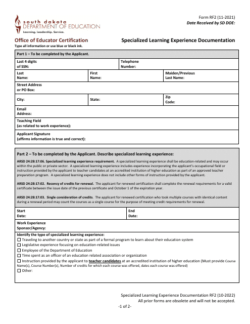 Form RF2 Specialized Learning Experience Documentation - South Dakota