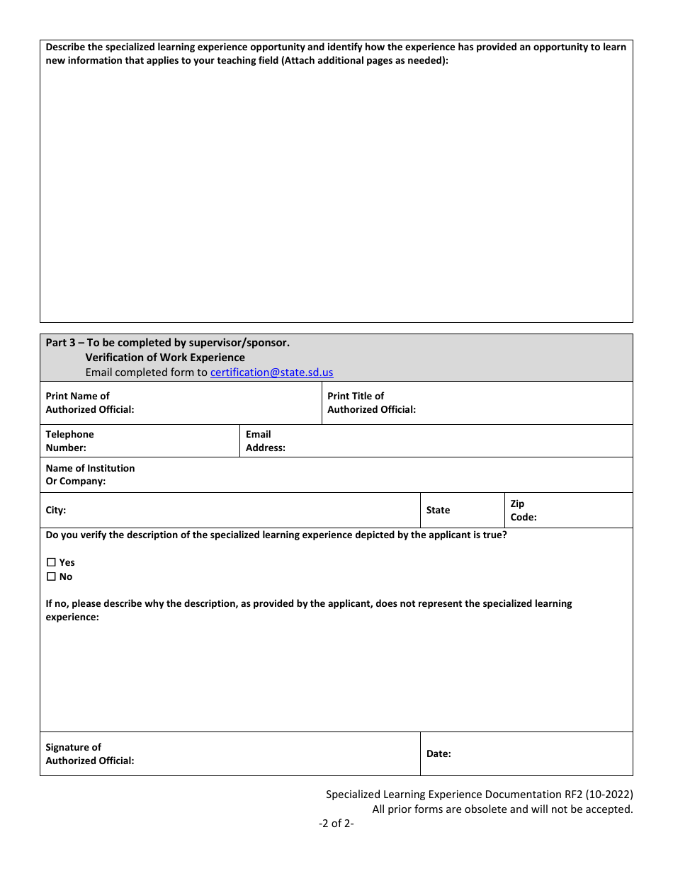 Form RF2 Specialized Learning Experience Documentation - South Dakota, Page 2