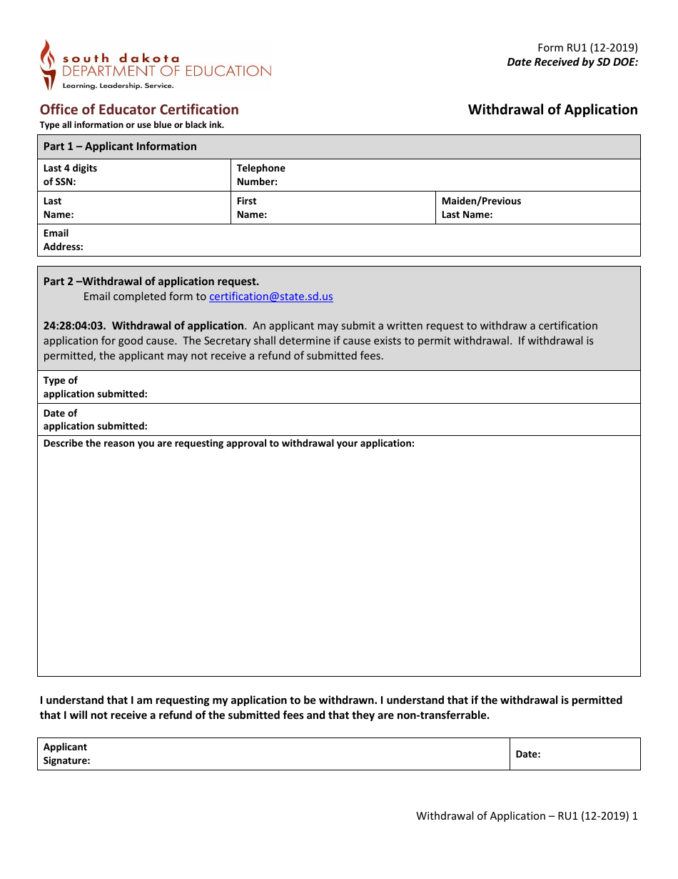 Form RU1 Withdrawal of Application - South Dakota, Page 1