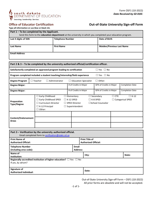 Form OSF1 Out-of-State University Sign-Off Form - South Dakota