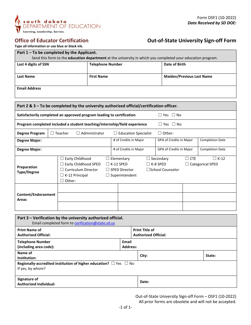 Form OSF1 Out-of-State University Sign-Off Form - South Dakota, Page 1