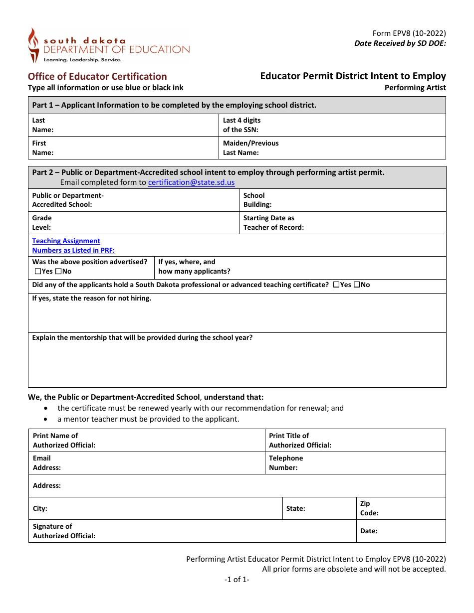 Form EPV8 Download Fillable PDF or Fill Online Educator Permit District ...