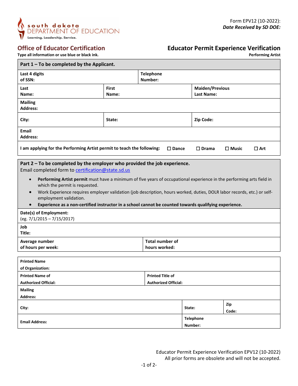 Form EPV12 Educator Permit Experience Verification - Performing Artist - South Dakota, Page 1