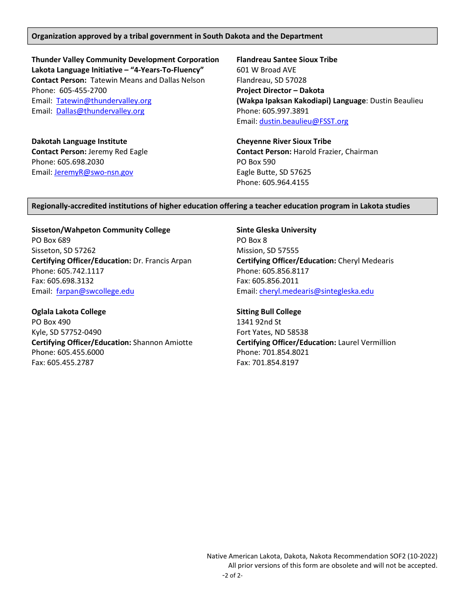 Form SOF2 Native American Lakota, Dakota, Nakota Recommendation for Certification - South Dakota, Page 2
