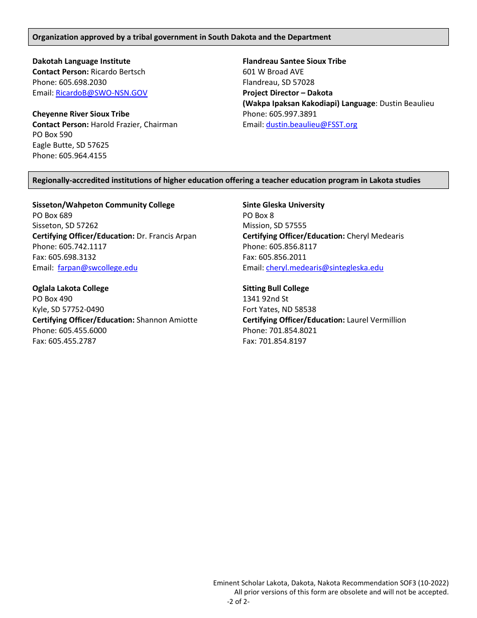Form SOF3 Eminent Scholar Lakota, Dakota, Nakota Language and Culture Recommendation for Certification - South Dakota, Page 2