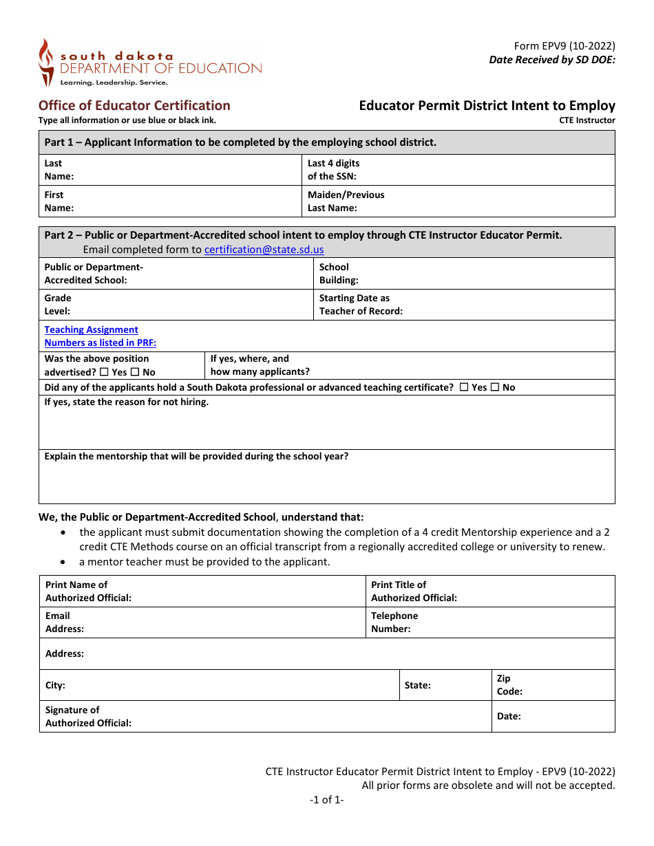 Form EPV9 Educator Permit District Intent to Employ - Cte Instructor - South Dakota, Page 1